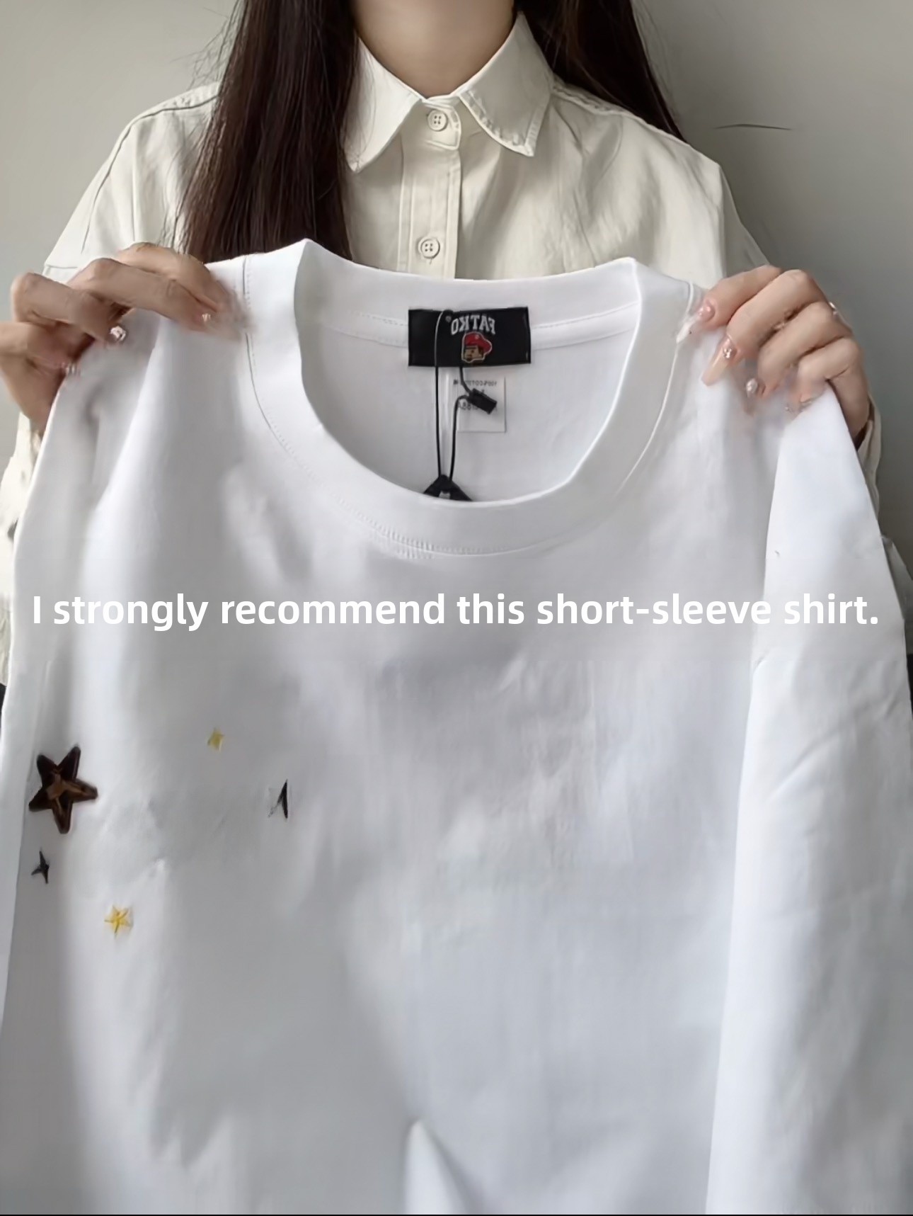 Embroidery Cotton Shirt - เสื้อยืดผ้าฝ้ายแขนสั้นปักลายดาวสไตล์อเมริกันย้อนยุคสำหรับผู้หญิง ใส่สบายๆ สไตล์ลำลอง แฟชั่นอินเทรนด์สำหรับฤดูร้อน