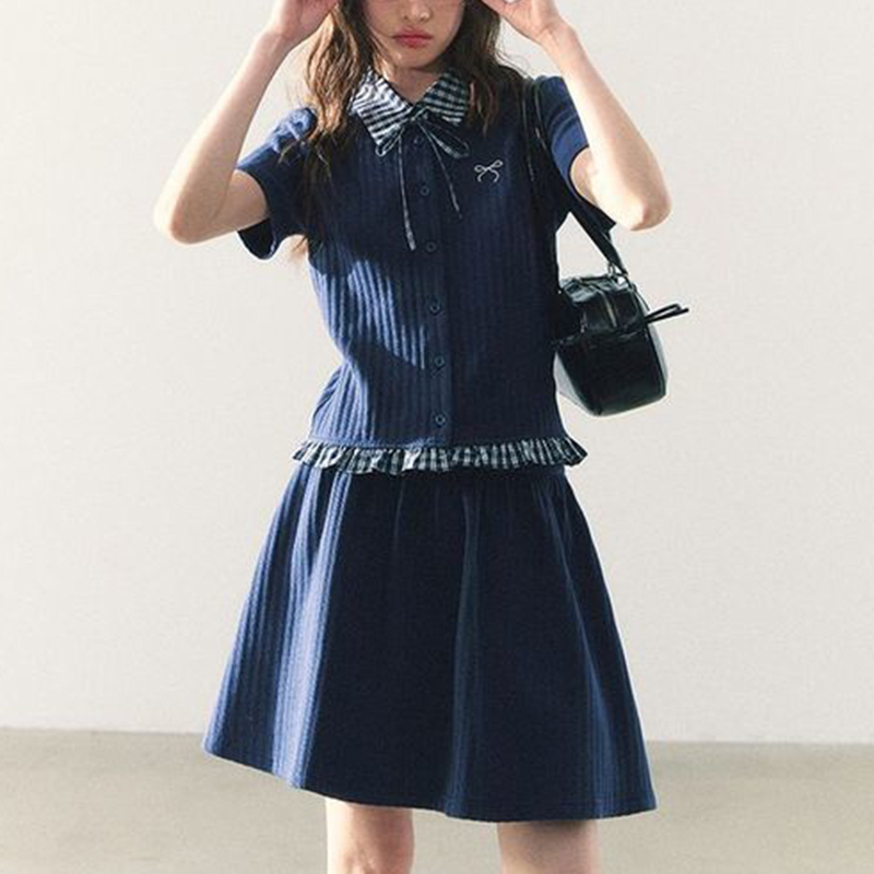 Embroidery Cotton Shirt - ฤดูร้อนถัก Preppy สไตล์ 2 ชิ้นชุด Retro