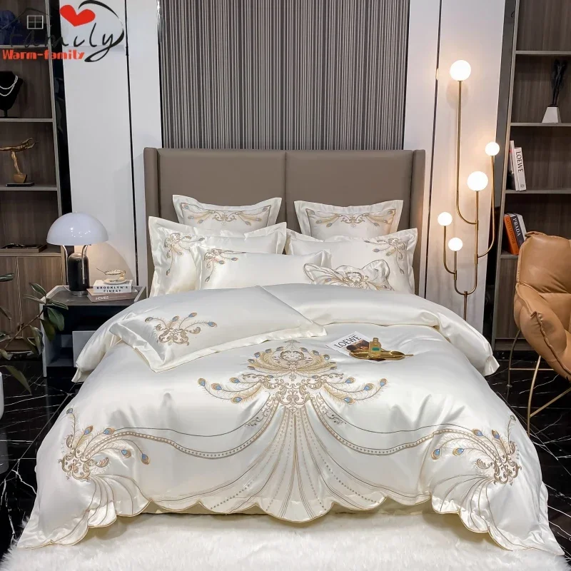 Embroidery Quilt Cover - ชุดเครื่องนอนผ้าคอตตอนอียิปต์ปักลายขนนกสีทองหรูหราปลอกหมอนผ้าปูที่นอนแบบเย็บปะสีเหลืองอ่อนผ้าปูเตียง