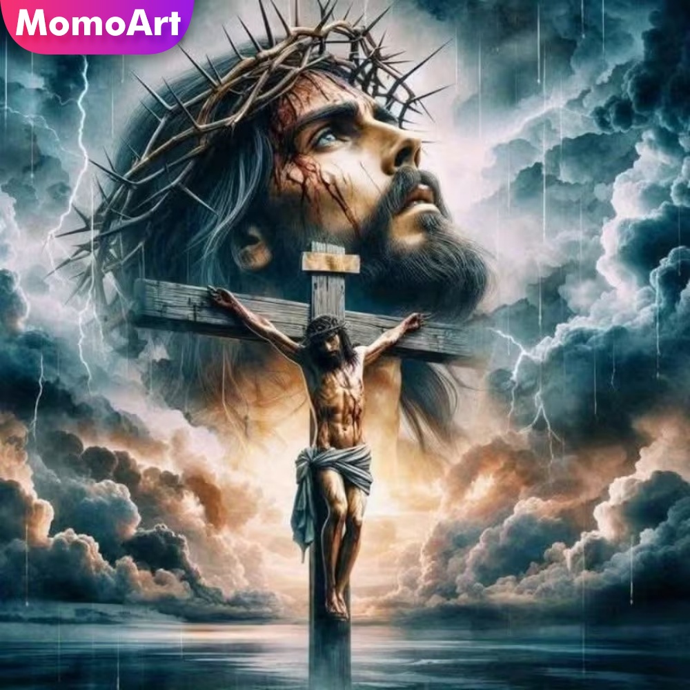 Embroidery Jesus - ภาพวาดเพชรโมโมอาร์ต รูปคน ภาพวาดเพชรแบบไขว้ ลายศาสนา สำหรับผู้ใหญ่ ผู้เริ่มต้น