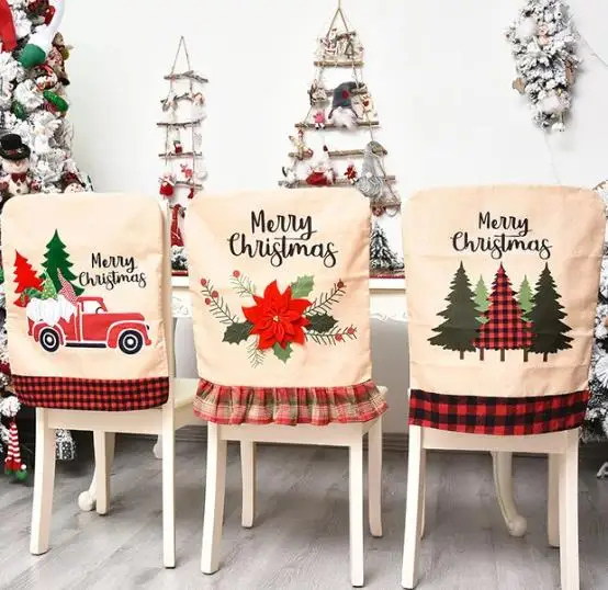 Embroidery Xmas Tree - 4/6/8pcs เก้าอี้คริสต์มาสผ้าลินินเย็บปักถักร้อย Xmas ดอกไม้ต้นไม้เก้าอี้ครอบคลุมตกแต่งห้องรับประทานอาหารสําหรับ Home PARTY