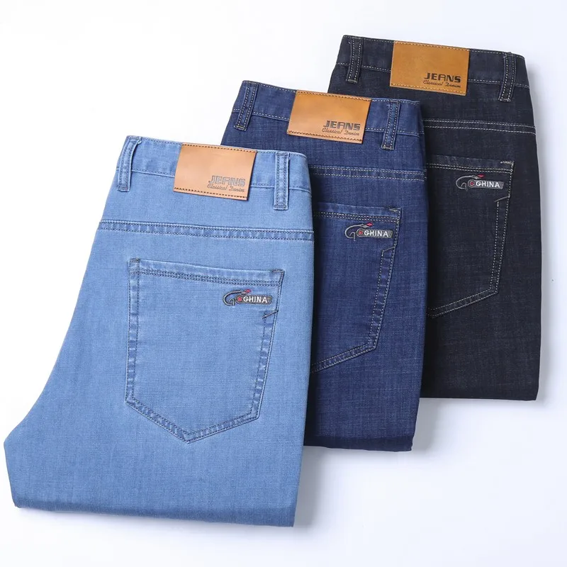 Embroidery On Jeans - 2026 ใหม่ไอซ์ซิลค์กางเกงยีนส์ผ้ายีนส์บางสำหรับผู้ชายสีฟ้าผ้าฝ้ายยืดทรงตรงกางเกงธุรกิจสบายๆกางเกงน้ำหนักเบาฤดูใบไม้ผลิฤดูร้อน