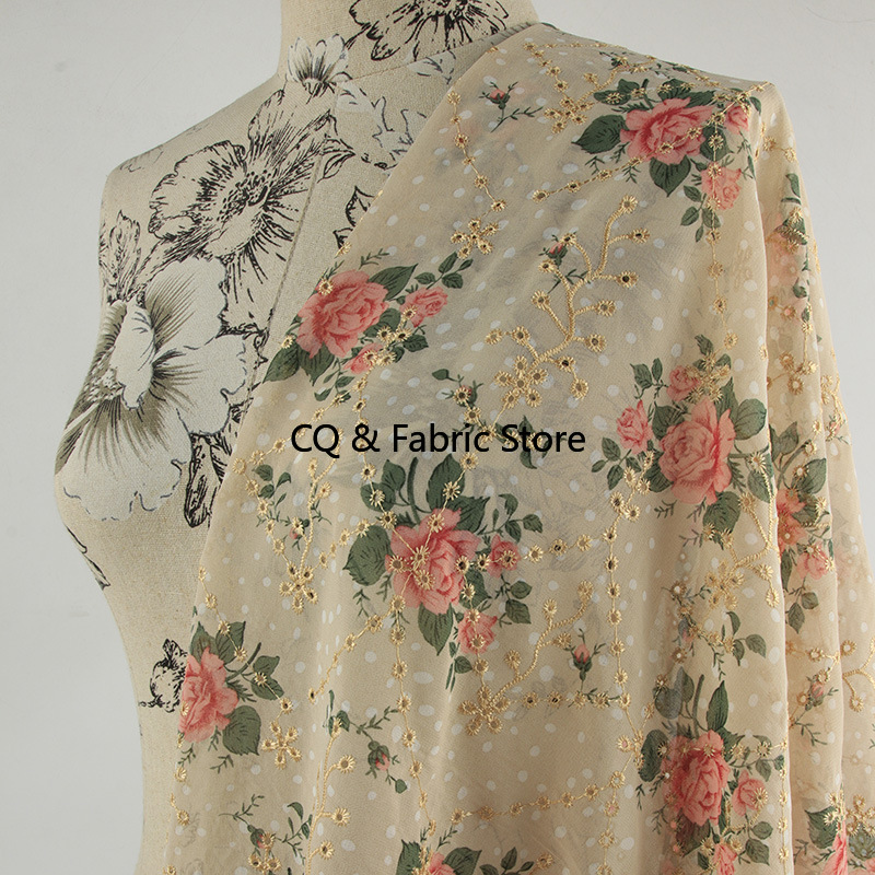 Embroidery Rose - ผ้าชีฟองพิมพ์ลายปักลายดอกกุหลาบใหม่ สำหรับตัดเย็บเสื้อผ้าสตรีและเด็ก