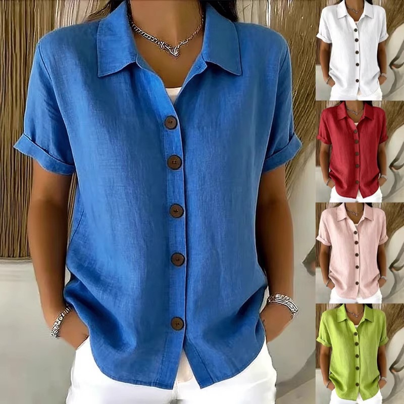Embroidery Online - เสื้อเชิ้ตผ้าฝ้ายลินินสำหรับผู้หญิง สไตล์ลำลอง แขนสั้น ปกเสื้อติดกระดุม สีพื้น ทรงหลวม