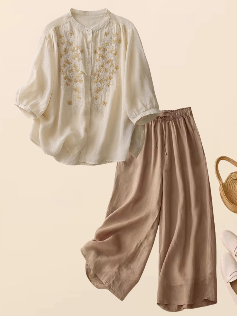 Embroidery Cotton Shirt - ชุดเซ็ตผ้าฝ้ายลินินสไตล์จีนใหม่สำหรับผู้หญิง ชุดฤดูร้อนพร้อมเสื้อปักลายและกางเกงขายาวทรงกว้าง ชุดสองชิ้นสำหรับคุณแม่