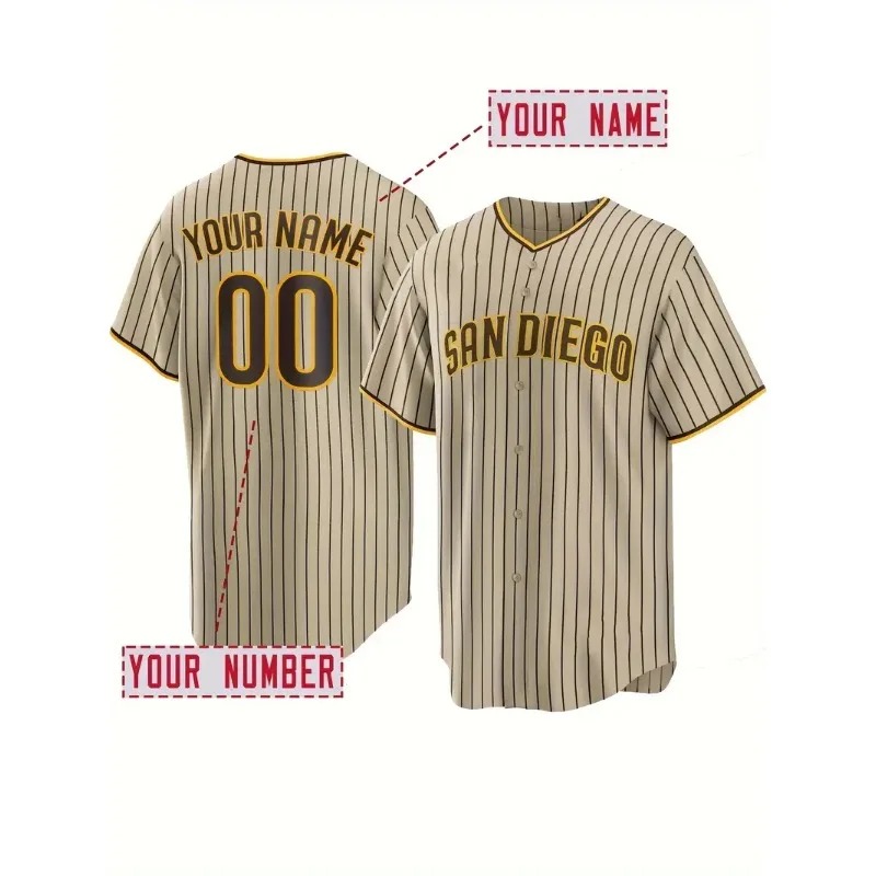 Embroidery Uniform - CUSTOM ชื่อและหมายเลขผู้ชายเย็บปักถักร้อยเบสบอลซานดิเอโกส่วนบุคคลแขนสั้นปุ่มลง Breathable DIY เสื้อ