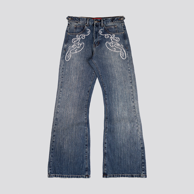 Embroidery On Jeans - กางเกงยีนส์ทรงบูทคัทสีน้ำเงิน Y2K วินเทจ ล้างสี ปักลาย สำหรับผู้ชายและผู้หญิง
