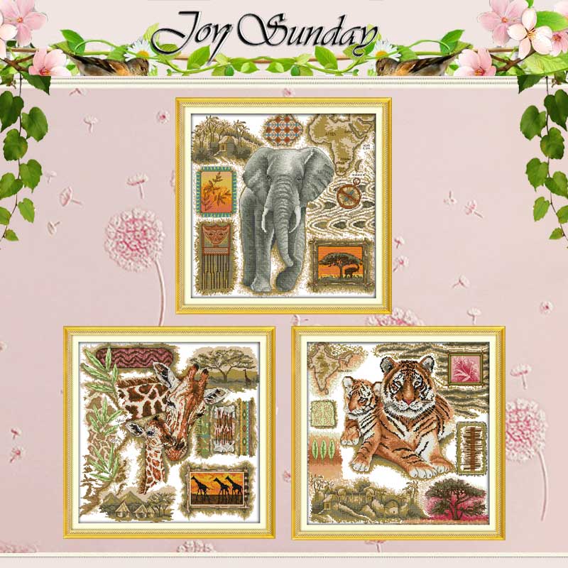 Embroidery Job - สัตว์แอฟริกันปักครอสติส 11 14CT Cross Stitchชุดเสือยีราฟช้างชุดเย็บปักถักร้อย