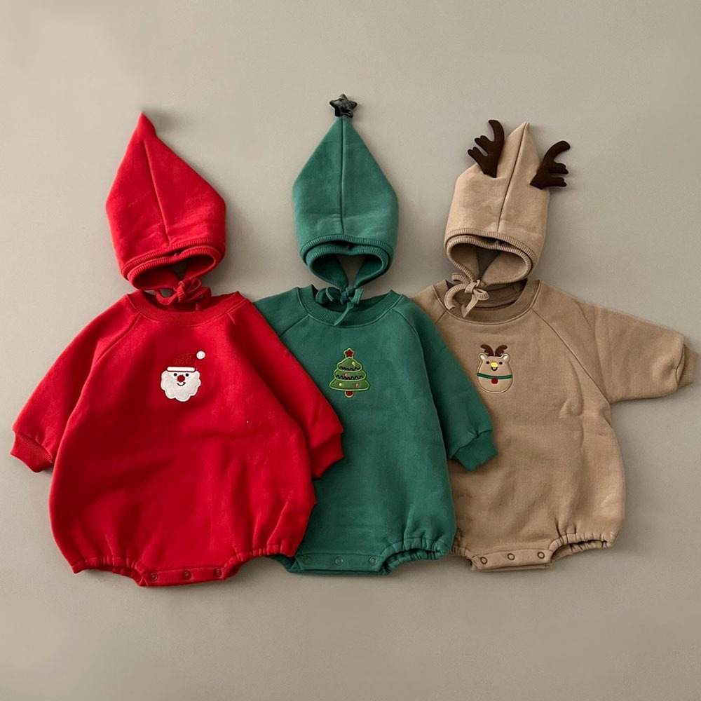 Embroidery Xmas Tree - ชุดรอมเปอร์คริสต์มาสสำหรับเด็กทารกพร้อมหมวก 0-24 เดือน ชุดนอนปักลายต้นคริสต์มาส ซานตาคลอส กวางเรนเดียร์