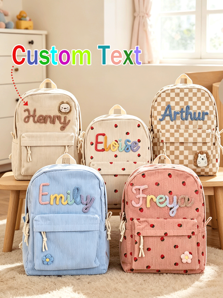 Embroidery Name - [แบบกำหนดเอง] กระเป๋าเป้สะพายหลังสำหรับกลับไปโรงเรียนพร้อมชื่อส่วนตัว – ลายสตรอเบอร์รี่/ลายตารางหมากรุก กระเป๋าเป้เดินทางน้ำหนักเบาและกว้างขวาง