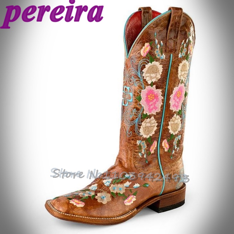 Embroidery Rose - ปักดอกไม้รองเท้า Rose Garden Botas กลางลูกวัวสีน้ําตาลสแควร์ส้น Booties
