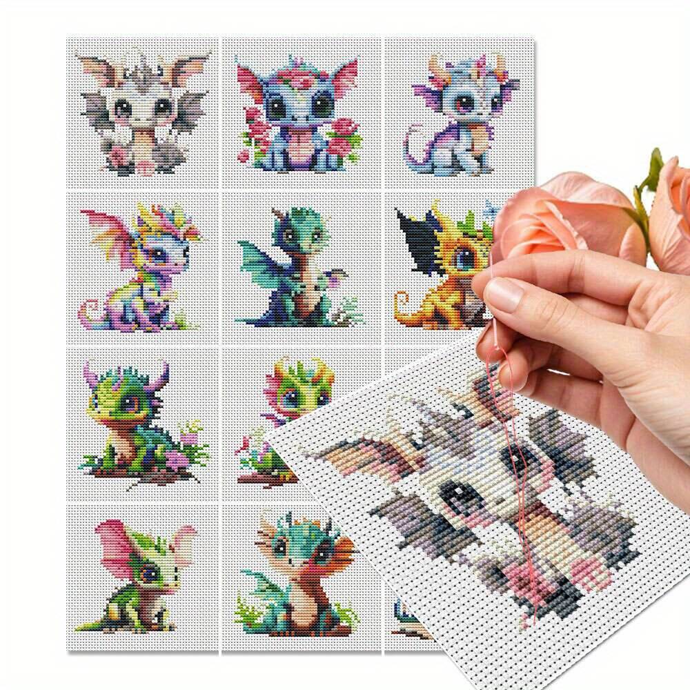 Embroidery Job - ชุดปักครอสติชลายมังกร 12 ชิ้น ผ้าพิมพ์ลาย 11CT ชุดงานฝีมือปักลายสัตว์