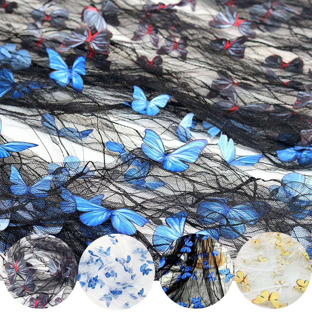 Embroidery Design 3D - คุณภาพสูงสีดําโปร่งใสสีฟ้า 3D ผีเสื้อดอกไม้ลูกไม้ผ้าตาข่ายชุดแต่งงานแฟชั่นเครื่องแต่งกาย Designer เย็บปักถักร้อย Tulle