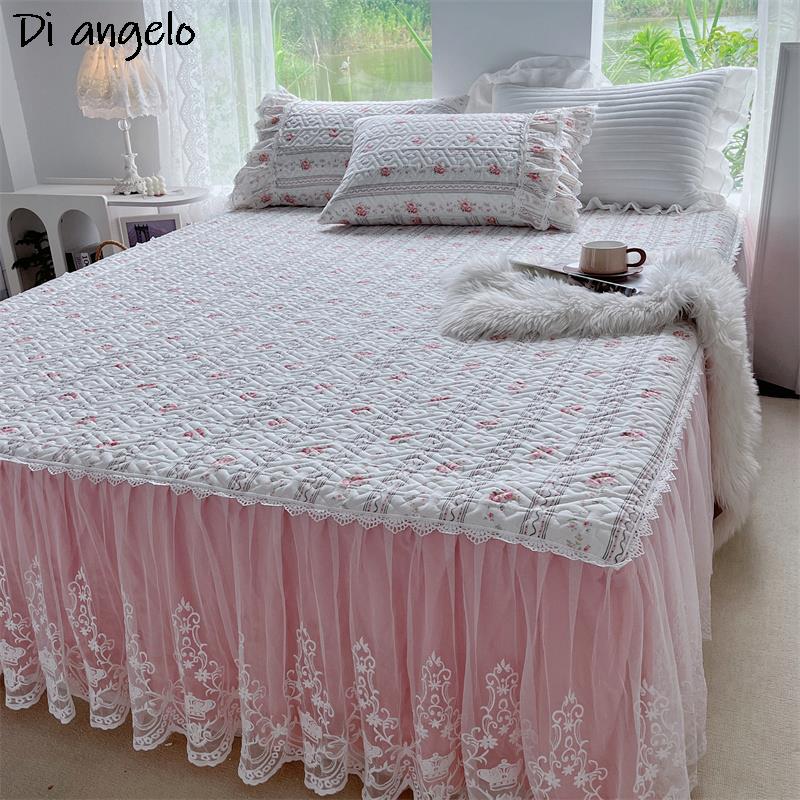 Embroidery Quilt Cover - ผ้าฝ้ายลูกไม้เย็บปักถักร้อยหนา Quilting กระโปรงเตียง,ผ้าคลุมเตียงปลอกหมอน,ที่นอน,ของขวัญแต่งงานคู่,สิ่งทอที่บ้าน # /