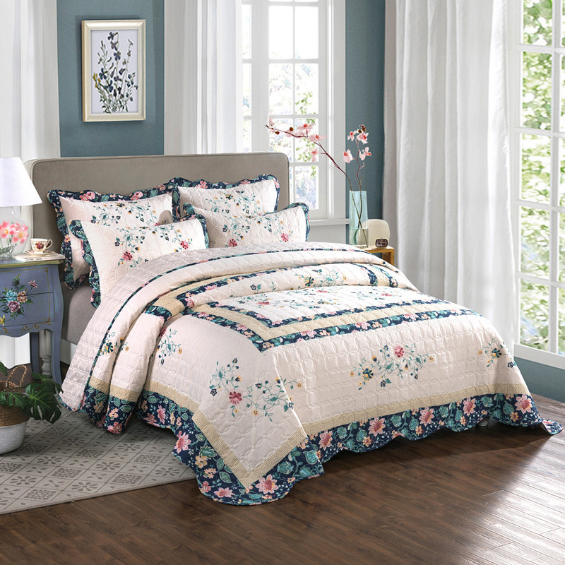 Embroidery Quilt Cover - ชุดผ้านวมผ้าฝ้ายลายดอกไม้ชุดเครื่องนอน3ชิ้นบนเตียงปักลายควีน