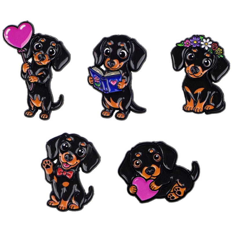 Embroidery Textile - ชุดเข็มกลัดเคลือบลายดัชชุนด์น่ารัก 5 ชิ้น รูปหัวใจ ดอกไม้ หนังสือ