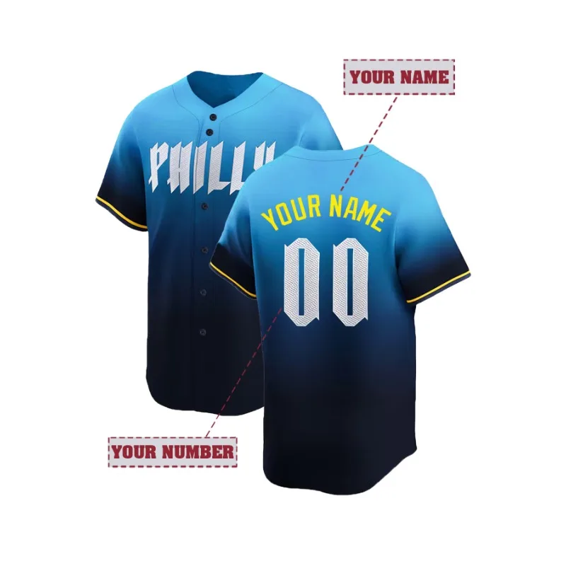 Embroidery Name - ที่กําหนดเองชื่อและหมายเลขผู้ชายเย็บปักถักร้อยเบสบอล Philadelphia Gradient ส่วนบุคคลแขนสั้นปุ่มลงเสื้อ
