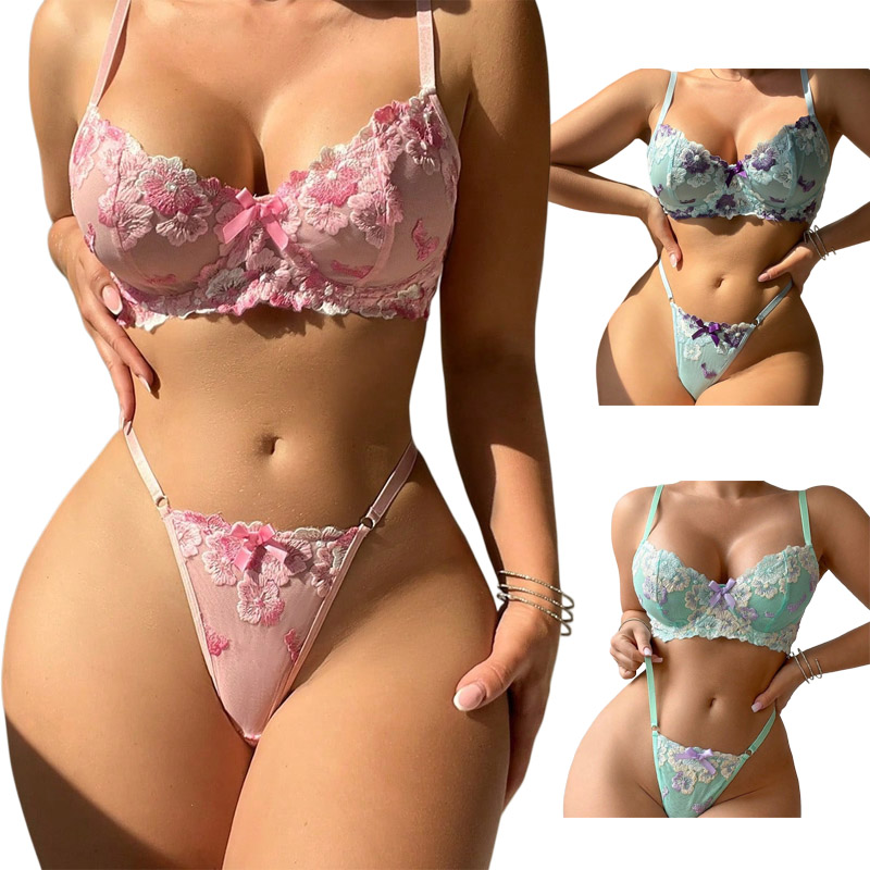 Embroidery Underwear - ชุดชั้นในปักลายดอกไม้สีชมพูสุดโรแมนติก เซ็กซี่ ดีไซน์หรูหรา คุณภาพดีเยี่ยม ชวนหลงใหล