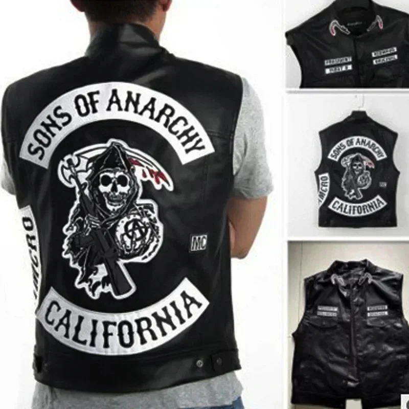 Embroidery Knit - เสื้อกั๊กหนัง PU สำหรับผู้ชาย รุ่น ABC123Leather สำหรับคอสเพลย์นักขี่มอเตอร์ไซค์