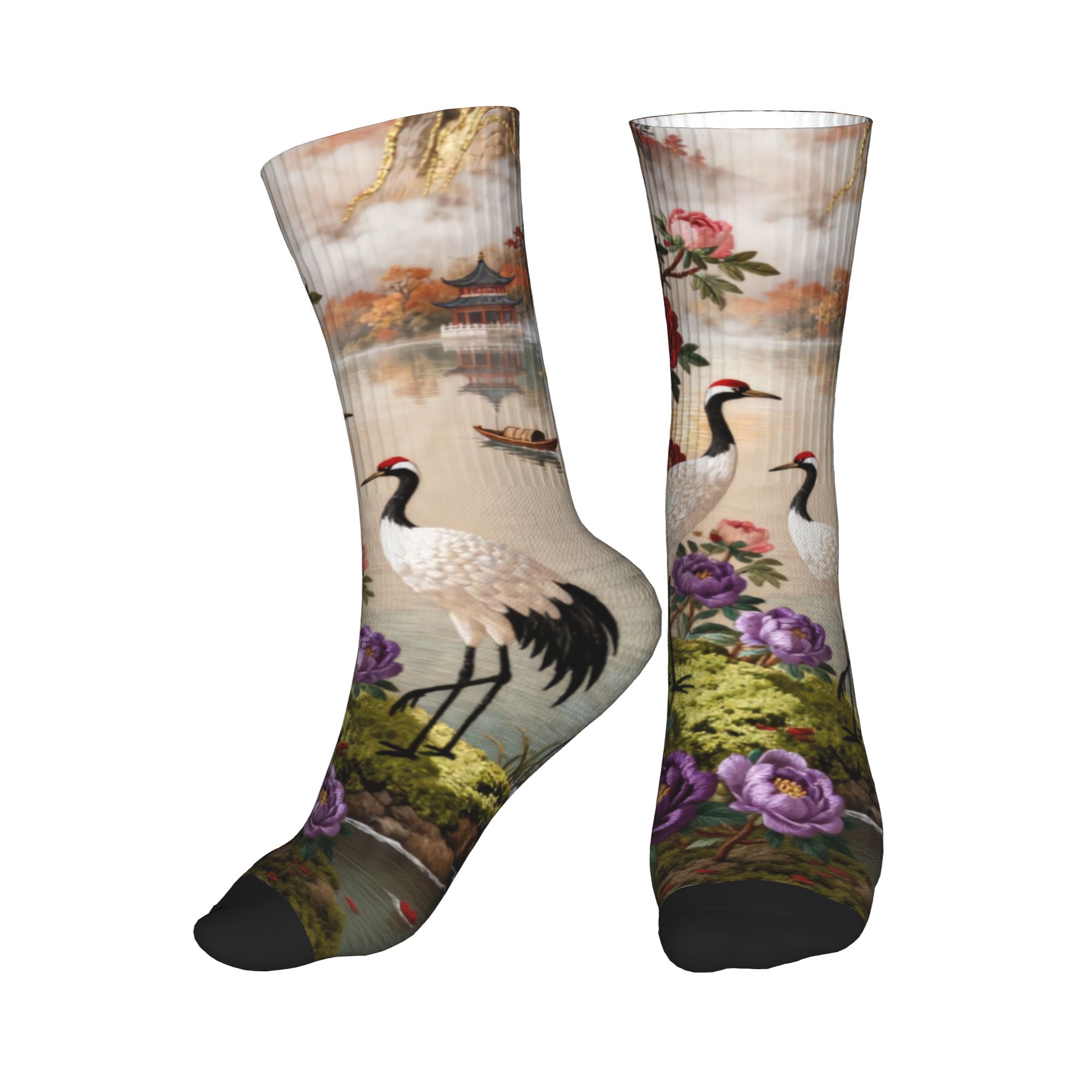 Embroidery Knit - ถุงเท้าลายปักลายกุหลาบสี่ดอก ยี่ห้อ Funny Printing Embroidery สำหรับผู้ชายและผู้หญิง