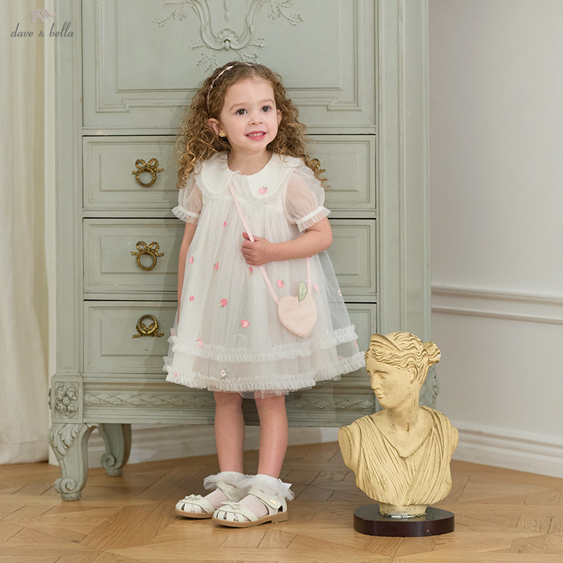 Embroidery White Dress - Dave Bella เด็กผู้หญิงตาข่ายชุดเจ้าหญิงฤดูร้อนหวาน Charm น่ารักพีชเย็บปักถักร้อยบางสีขาวชุดปาร์ตี้กลางแจ้ง DB