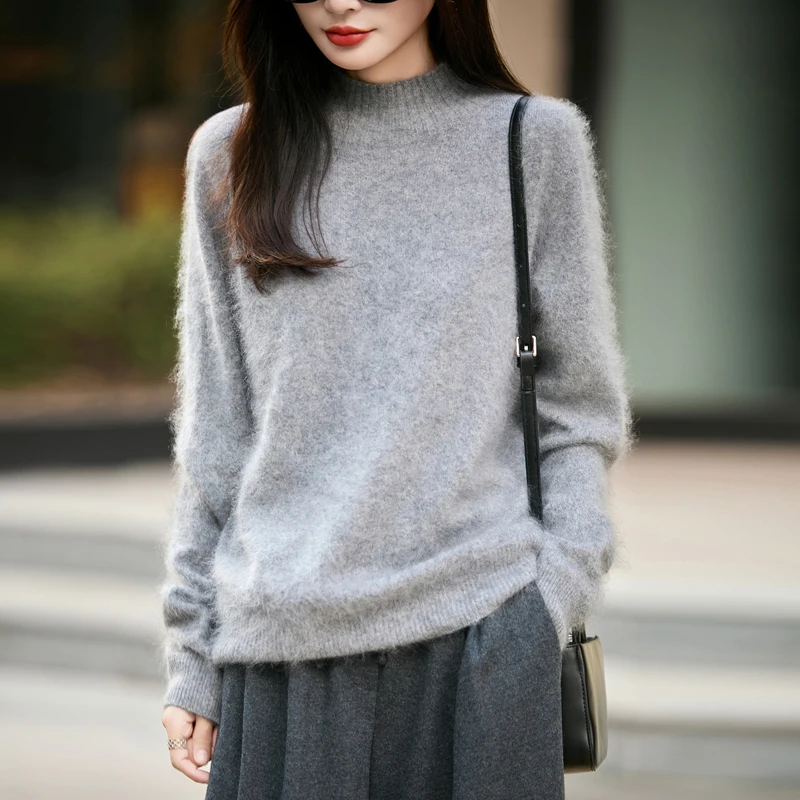 Embroidery Knit - เสื้อสเวตเตอร์คอสูงขนฟูสำหรับผู้หญิง ทำจากผ้าขนสัตว์ 100% เสื้อโค้ทไหมพรมถักหลวมๆ สำหรับฤดูหนาว เสื้อท่อนบนอุ่นๆ