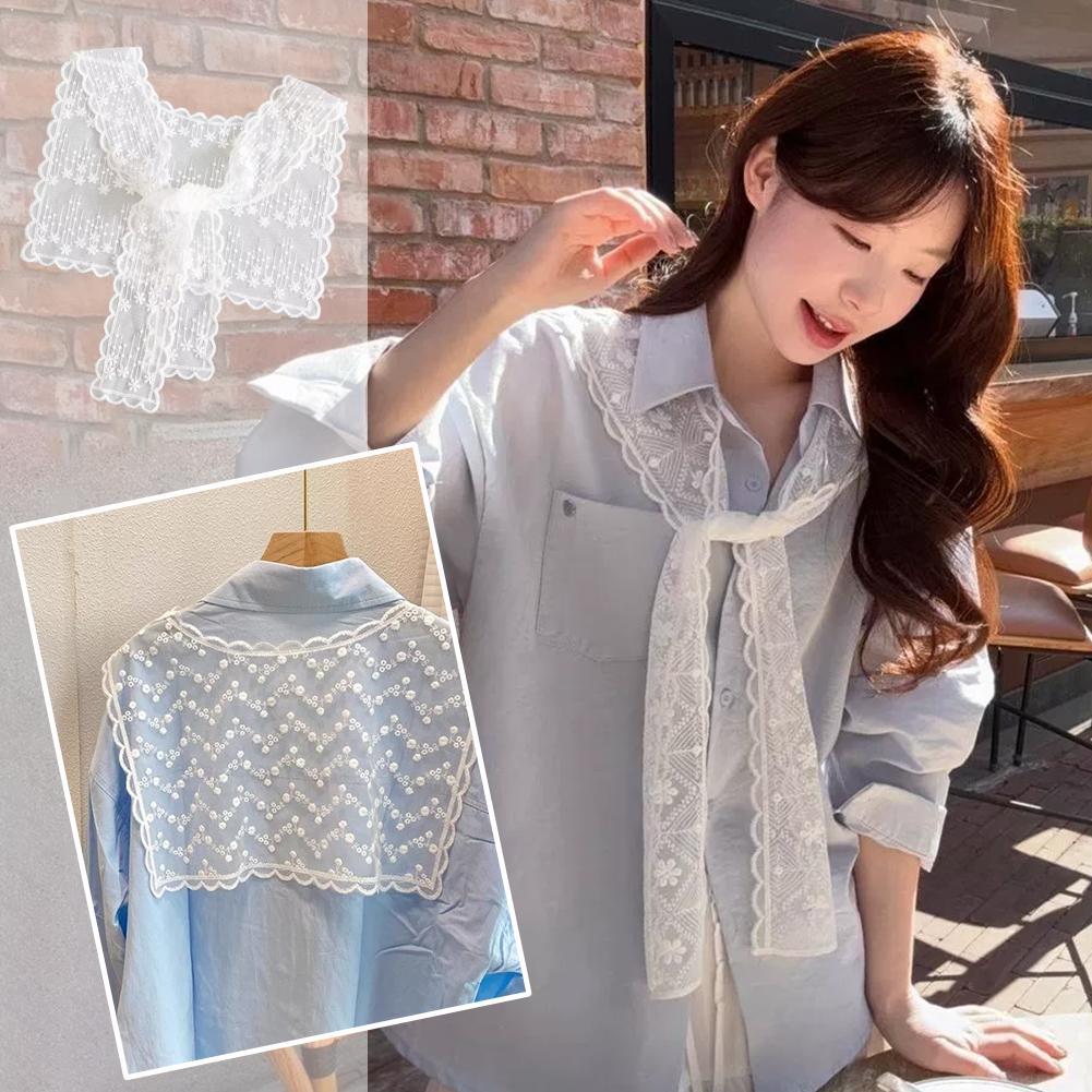 Embroidery Uniform - ผ้าคลุมไหล่ลูกไม้ฝรั่งเศสสำหรับผู้หญิง ดีไซน์หรูหรา ลายฉลุปักดอกไม้ ปลอกคอเสื้อแบบปลอม ผ้าคลุมกันแดดสำหรับฤดูร้อน