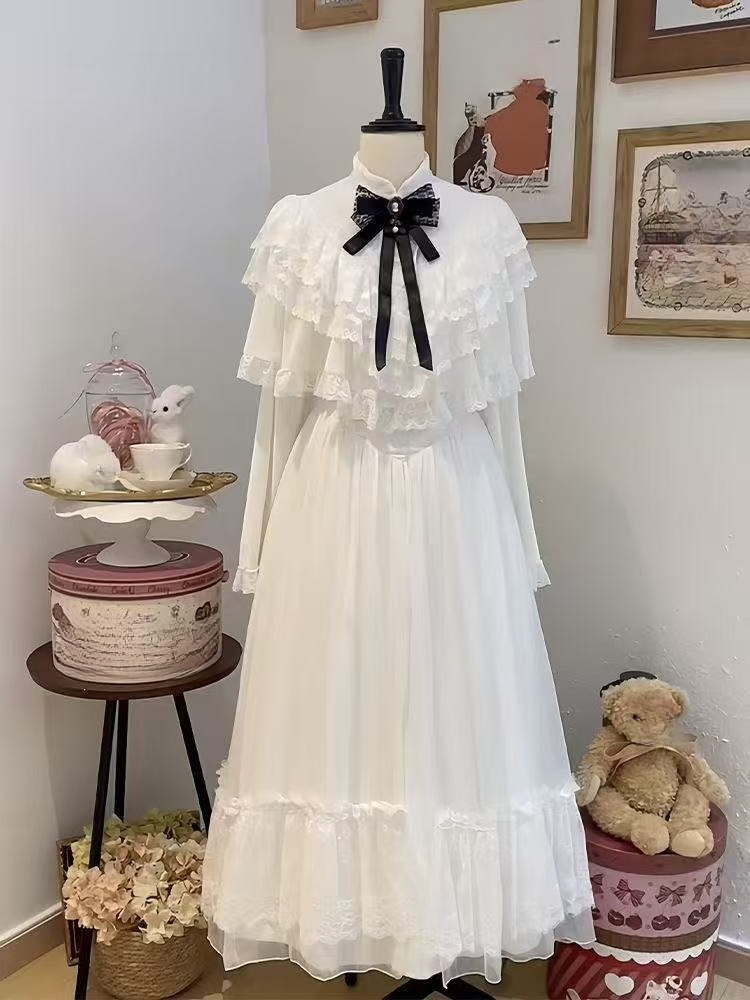 Embroidery White Dress - ชุดเดรสลูกไม้แขนสั้นสไตล์ญี่ปุ่น สีขาว กระโปรงยาวทรงเข้ารูป สไตล์หวานๆ ประจำปี 2025