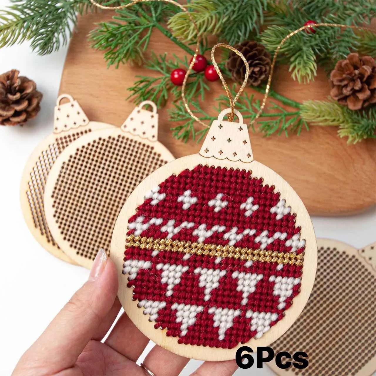 Embroidery Xmas Tree - ชุดงานฝีมือปักครอสติชลายไม้แกะสลักรูปทรงกากบาท 12 ชิ้น สำหรับตกแต่งต้นคริสต์มาสในวันหยุดเทศกาลคริสต์มาส