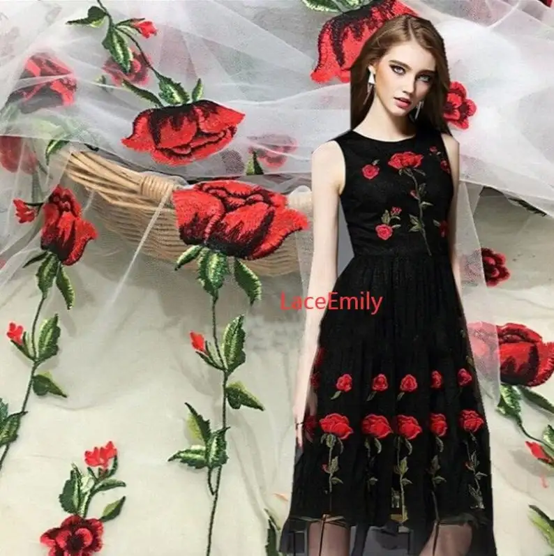 Embroidery Rose - Red Rose ลูกไม้ผ้าดอกไม้เย็บปักถักร้อยนุ่มสีดําสีขาวผ้า Tulle สําหรับงานแต่งงานชุดเจ้าสาว Tutu