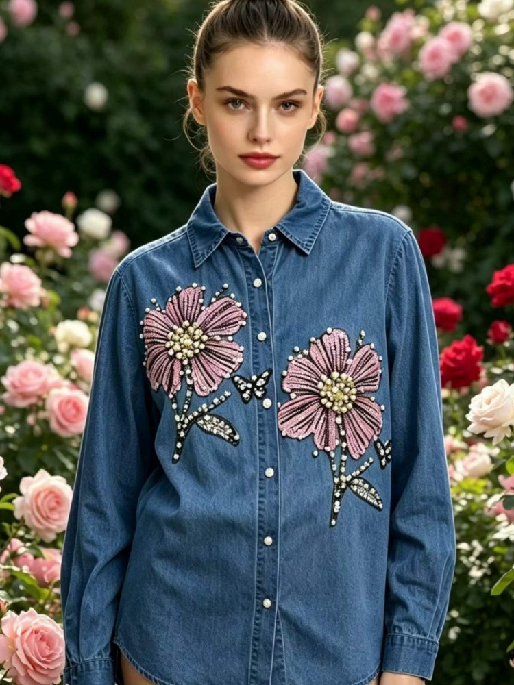 Embroidery Cotton Shirt - เสื้อผู้หญิงผ้าเดนิมปักลาย แขนยาว สำหรับฤดูใบไม้ผลิและฤดูใบไม้ร่วง เสื้อเชิ้ตผู้หญิงสำหรับทำงาน สไตล์หรูหรา เหมาะสำหรับใส่ทำงาน