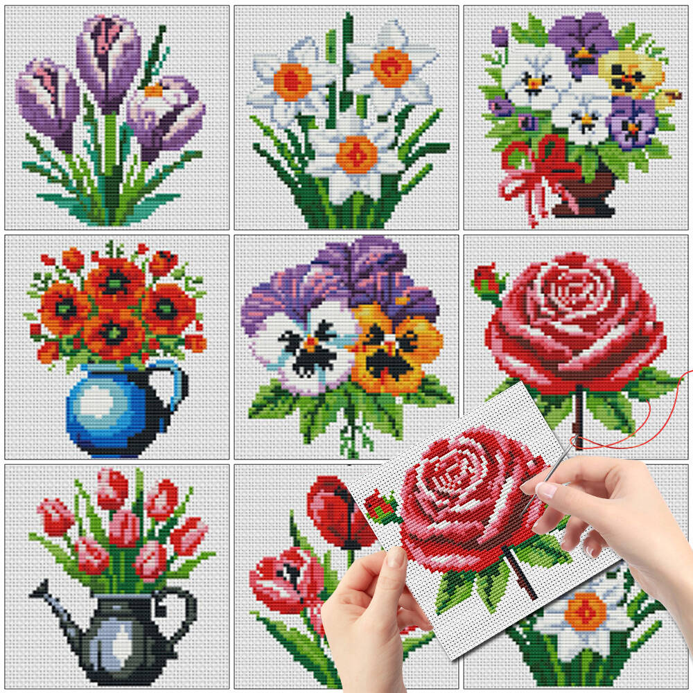 Embroidery Meaning - ชุดปักครอสติชลายแจกันดอกไม้ขนาดเล็ก 8 ชิ้น ยี่ห้อ Evershine ไม่มีกรอบ