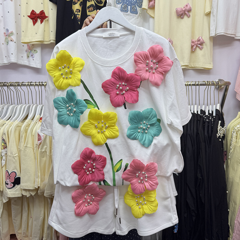 Embroidery Cotton Shirt - ฤดูร้อนสีสัน 3D ดอกไม้เสื้อยืดไข่มุกลูกปัดดอกไม้เย็บปักถักร้อย Tees O-คอสั้นแขนเสื้อ Crop