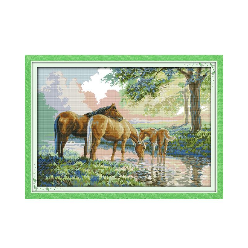 Embroidery Job - Joy SundayชุดปักครอสติสStampedครอบครัวม้ารูปแบบ 14CT 11CTพิมพ์Cross Stitchชุดทำด้วยมือเย็บปักถักร้อยชุด