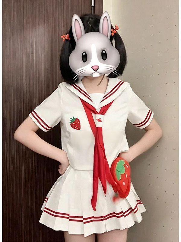 Embroidery Uniform - ชุดนักเรียนอนิเมะปี 2026 ลายปักสตรอว์เบอร์รี่ แขนสั้น ชุดกะลาสีสไตล์นักเรียน กระโปรงลายสก็อตสีขาวแดง