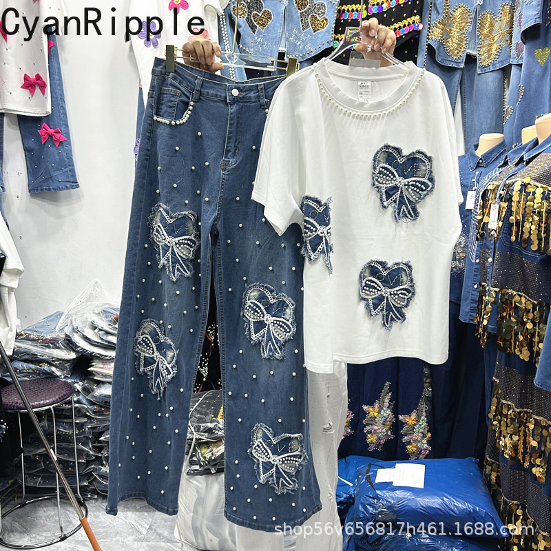Embroidery Cotton Shirt - ชุดเซ็ตสองชิ้นสำหรับผู้หญิง ฤดูใบไม้ผลิ/ฤดูร้อน ใหม่ล่าสุด ประดับลูกปัด โบว์ ปักลาย