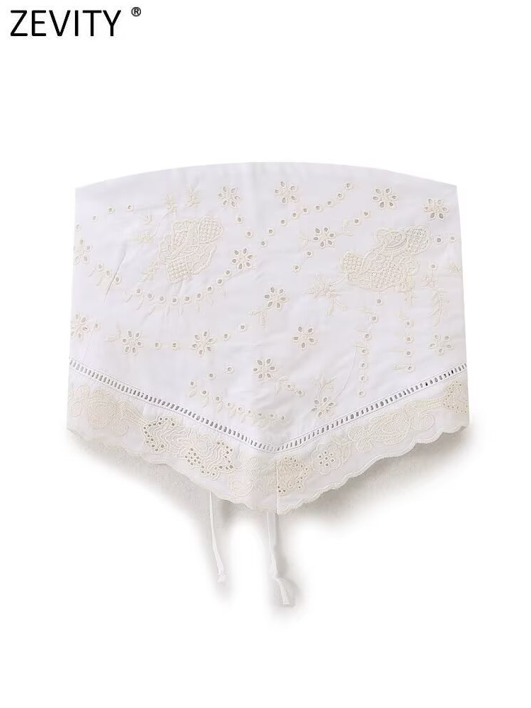 Embroidery Online - Zevity เสื้อเกาะอกปักลายเซ็กซี่สำหรับผู้หญิง, เสื้อครอปเสื้อเชิ้ตชายหาดลูกไม้เปิดหลังสุดชิคเสื้อ LS6260