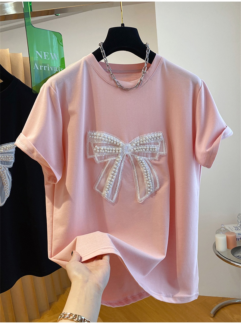 Embroidery Cotton Shirt - เสื้อยืดแขนสั้นลายปักมุก ผู้หญิง ทรงหลวม สไตล์ญี่ปุ่น สำหรับฤดูร้อน โดปามีนท็อป