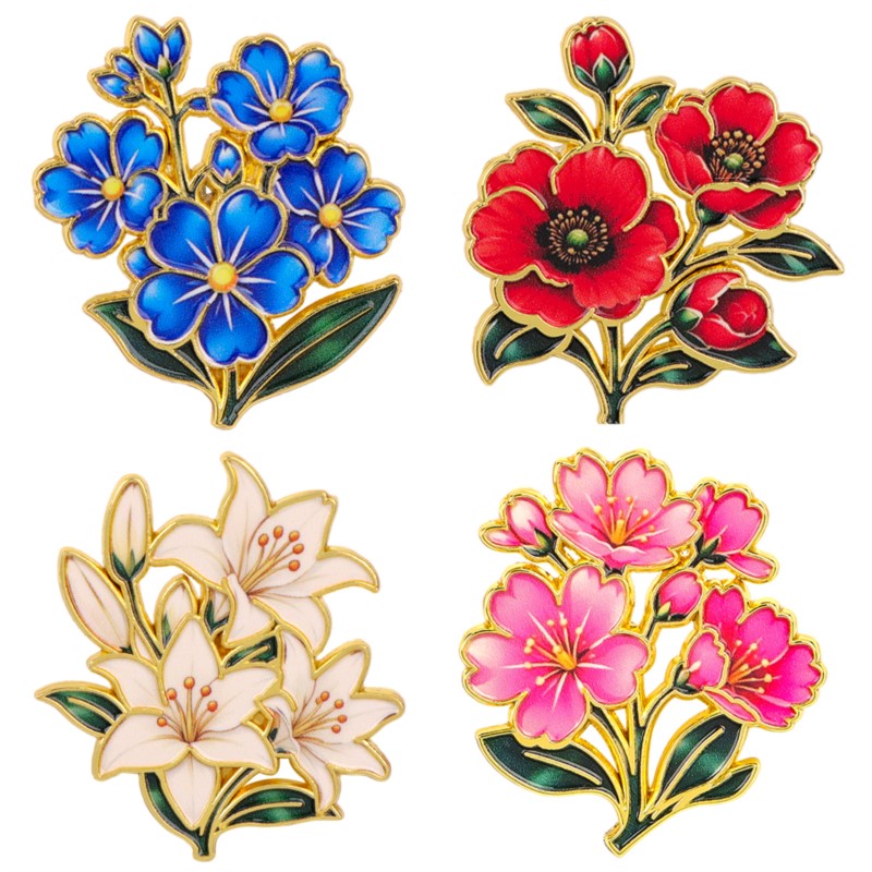 Embroidery Textile - เข็มกลัดเคลือบสีสันสดใสลายดอกไม้สไตล์วินเทจน่ารัก ลายดอกลิลลี่ เชอร์รี่ ดอกป๊อปปี้ ใบไม้สีฟ้า เหมาะสำหรับติดกระเป๋าเป้