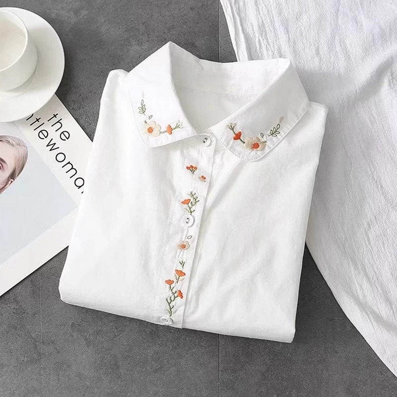 Embroidery Online - ใหม่ผ้าฝ้ายสีขาวเสื้อผู้หญิงเปิดลงปกปักแขนยาวเสื้อลําลองสาวเสื้อฤดูใบไม้ผลิและฤดูใบไม้ร่วง