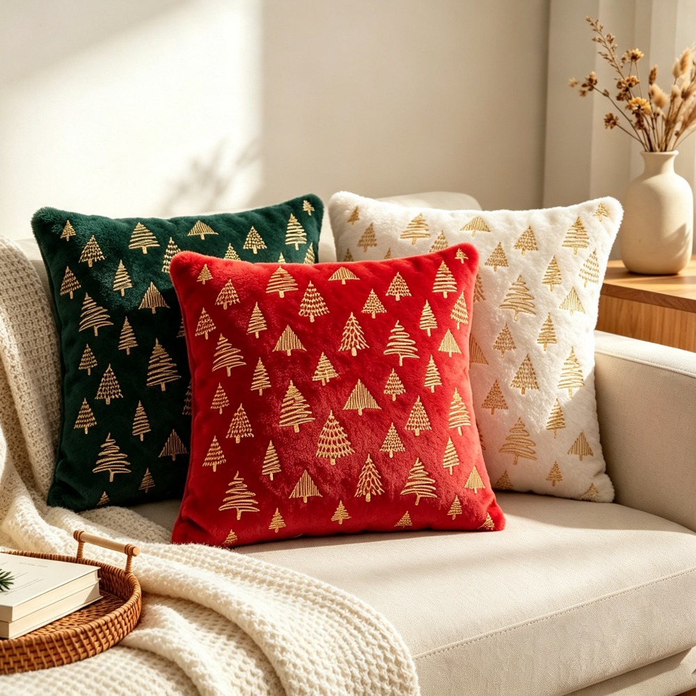 Embroidery Xmas Tree - ปลอกหมอนอิงลายปักสีทองสไตล์นอร์ดิก ลายต้นคริสต์มาส นุ่มฟู สีแดง เขียว ขาว