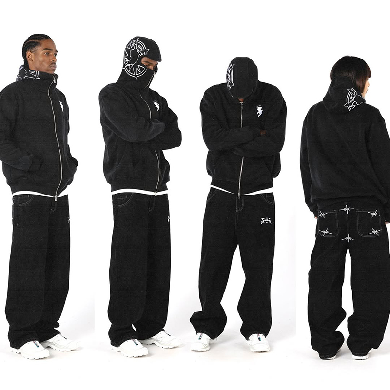Embroidery On Jeans - เย็บปักถักร้อยกราฟิกStreetwear Hoodie Y2K Harajuku Hip Hop