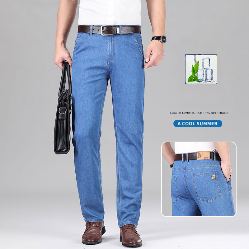 Embroidery On Jeans - ใหม่ Lyocell ผ้ากางเกงยีนส์ผู้ชายฤดูร้อนบางธุรกิจขาตรงกางเกงหลวมผู้ชายกางเกงขายาวลําลองขนาดใหญ่