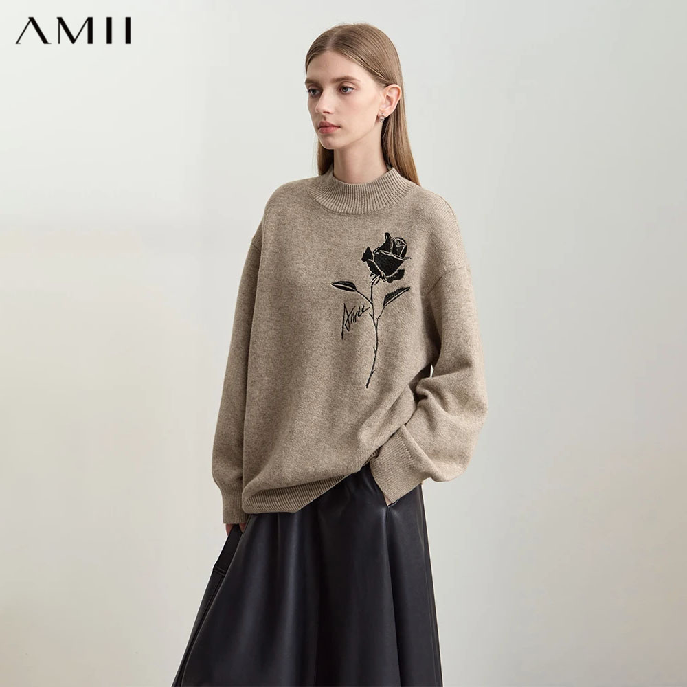 Embroidery Rose - เสื้อสเวตเตอร์ Amii สำหรับฤดูใบไม้ร่วงและฤดูหนาว เสื้อผ้าผู้หญิง แคชเมียร์ ปักลายกุหลาบ