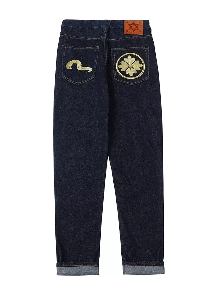Embroidery On Jeans - EH ·md กางเกงยีนส์ปักลายทำด้วยมือสไตล์ญี่ปุ่นของผู้ชายผ้าคอตตอนแท้ทรงตรงทรงฮิปฮอปยอดนิยมทรงเข้ารูปหูสีแดงโชว์กางเกงขายาวเข้ารูปเดวิล