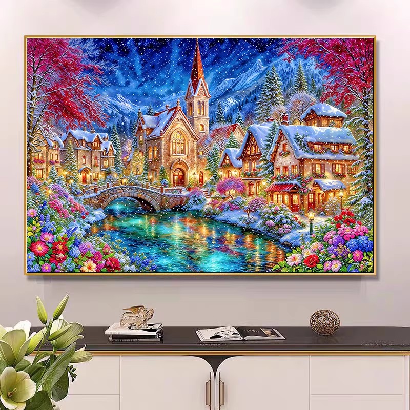 Embroidery Job - ชุดปักครอสติชลายปักคริสตจักรฤดูหนาว 9ct 100x75 ซม. ชุดงานฝีมือตกแต่งบ้าน 4