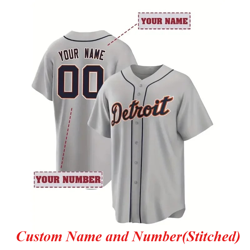 Embroidery Name - ที่กําหนดเองชื่อและหมายเลขผู้ชายเย็บปักถักร้อยเบสบอลดีทรอยต์สีเทา V คอแขนสั้นปุ่มลง DIY เสื้อ