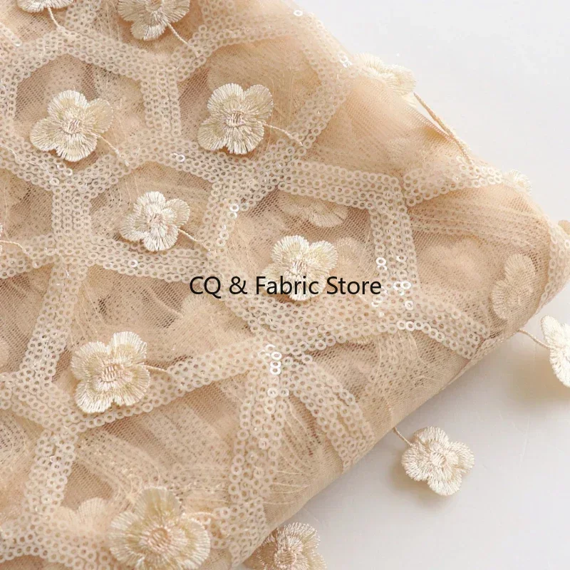 Embroidery Design 3D - ผ้าตาข่ายปักลายดอกไม้เล็กๆ แบบ 3 มิติ ลายแอปริคอต ประดับเลื่อม