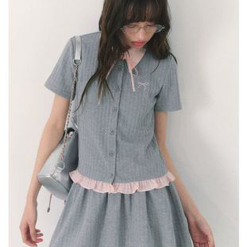 ฤดูร้อนถัก Preppy สไตล์ 2 ชิ้น - Embroidery Cotton Shirt บทวิจารณ์และราคา