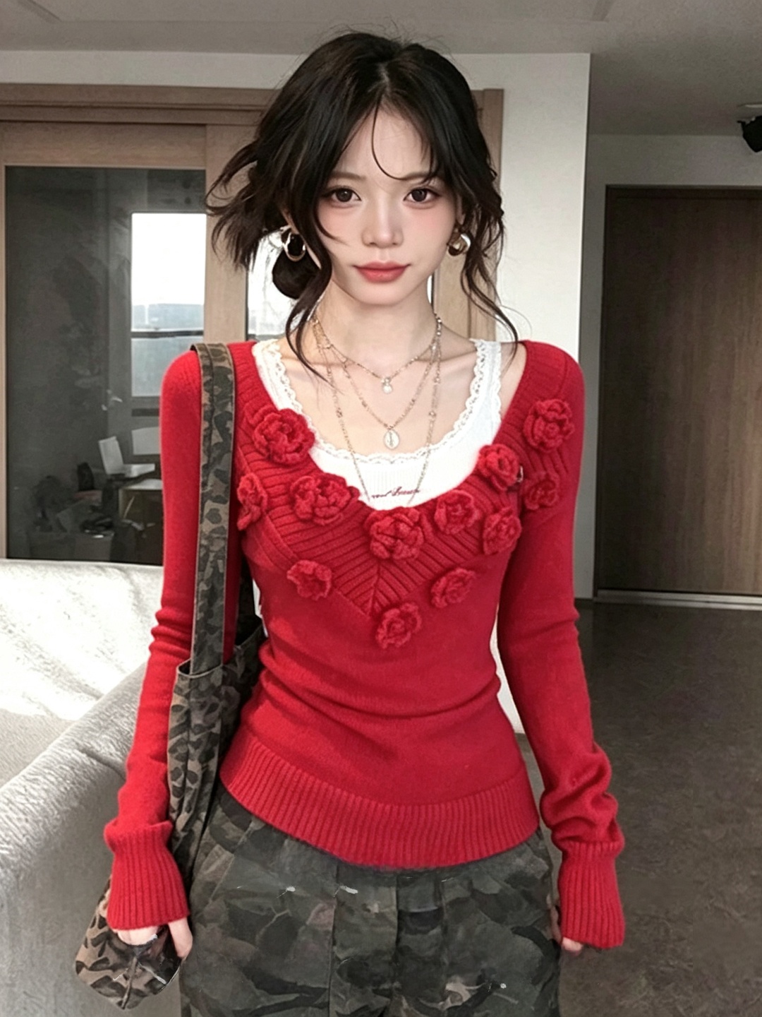 เสื้อถักคอวีสีแดงทรงสลิม แฟชั่ - Embroidery Design 3D บทวิจารณ์และราคา